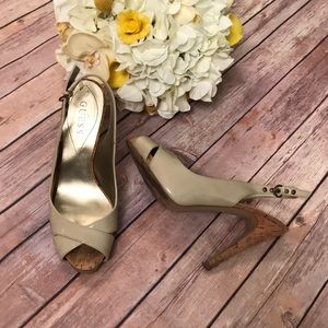 {Guess} Tan Patent Leather Peep Toe Cork Heels